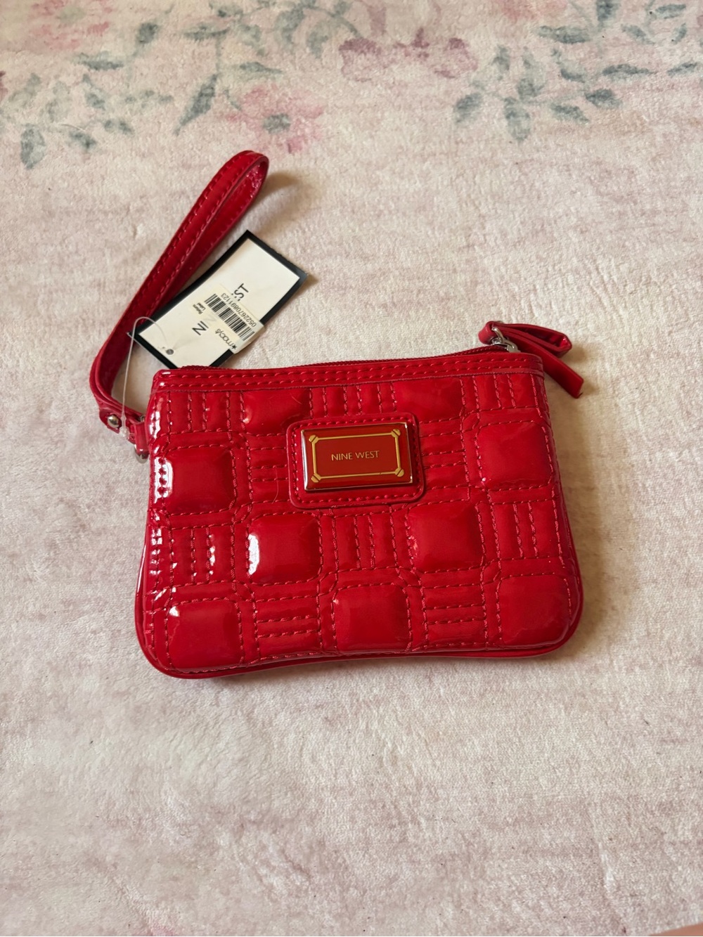 Nine West Shiny Red Quilted Patent Wristlet Clutch